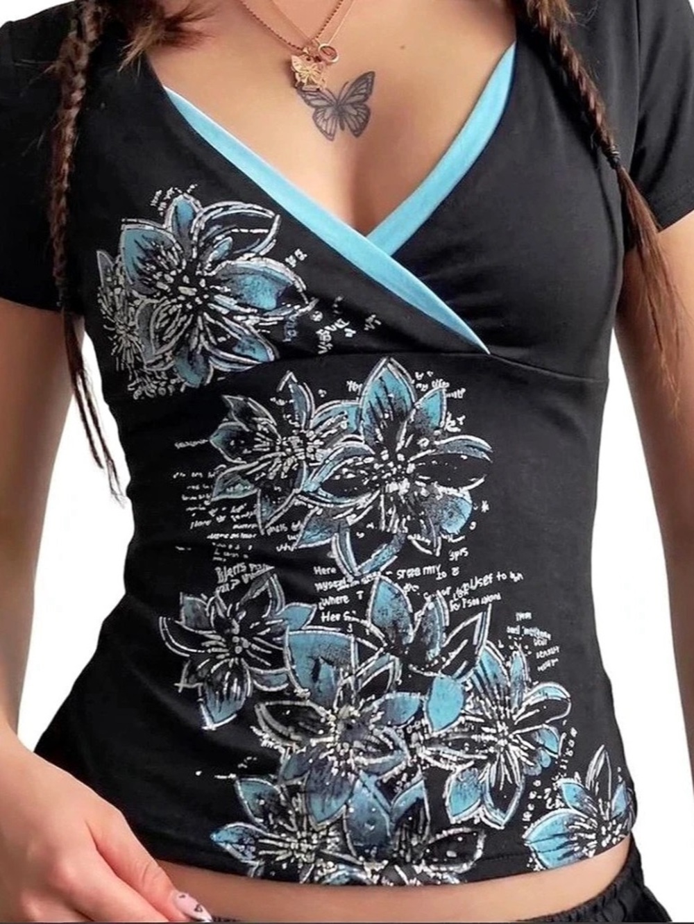 Floral Short Sleeve Top in Black & Blue